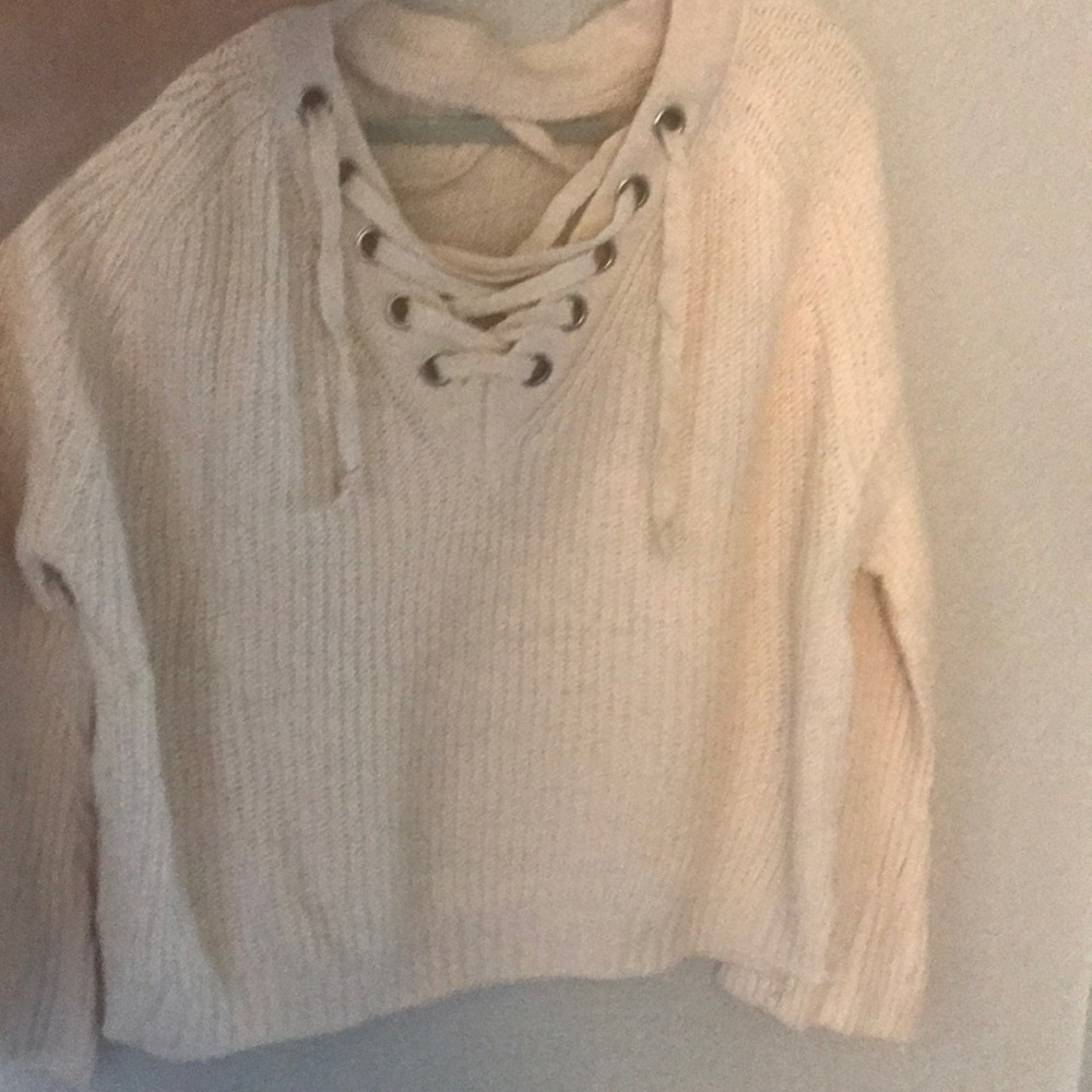 Bellflower Sleeve Rib Lace Up Cream Sweater - Picture 3 of 6